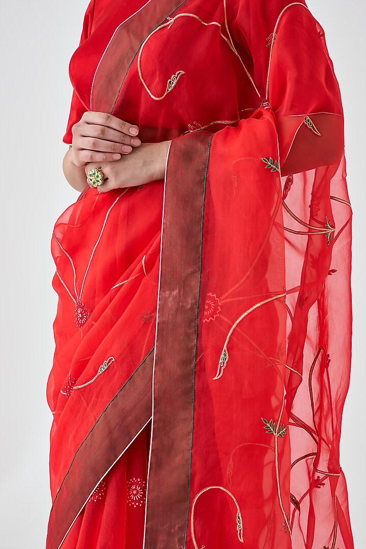 Red Organza Jaal Embroidered Wedding Saree by JANKI INDIA at Pernia's Pop Up Shop