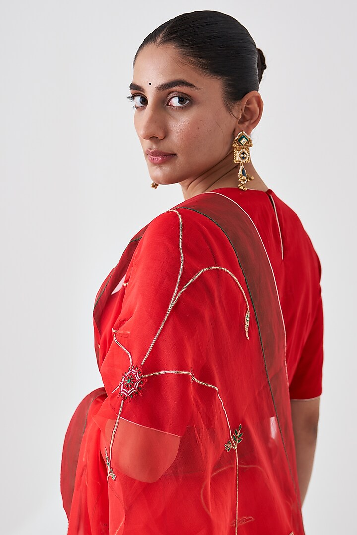 Red Organza Jaal Embroidered Wedding Saree by JANKI INDIA at Pernia's Pop Up Shop