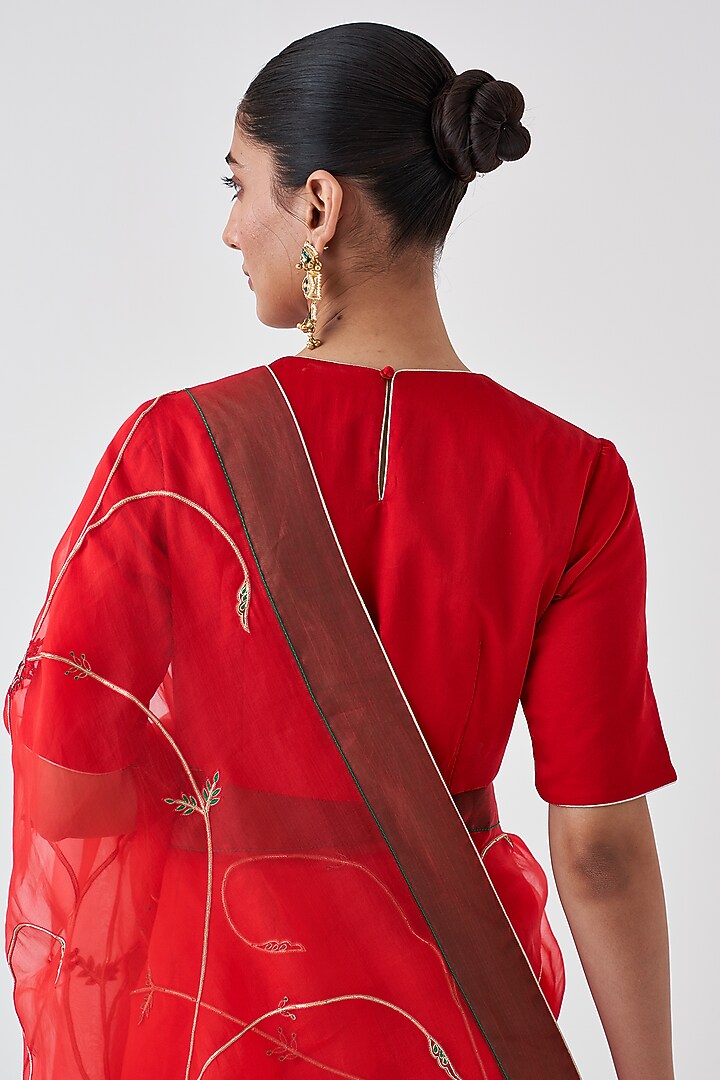 Red Organza Jaal Embroidered Wedding Saree by JANKI INDIA at Pernia's Pop Up Shop