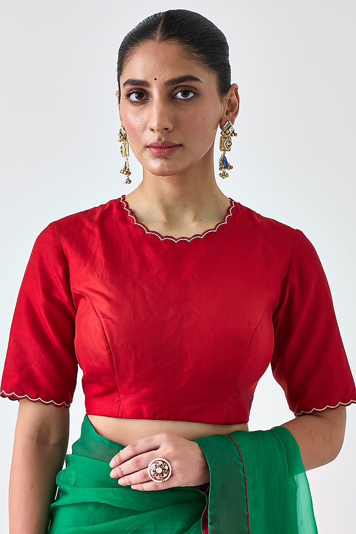 Red Pure Silk Embroidered Blouse by JANKI INDIA at Pernia's Pop Up Shop