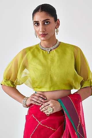 Lemon Green Organza Silk Blouse by JANKI INDIA