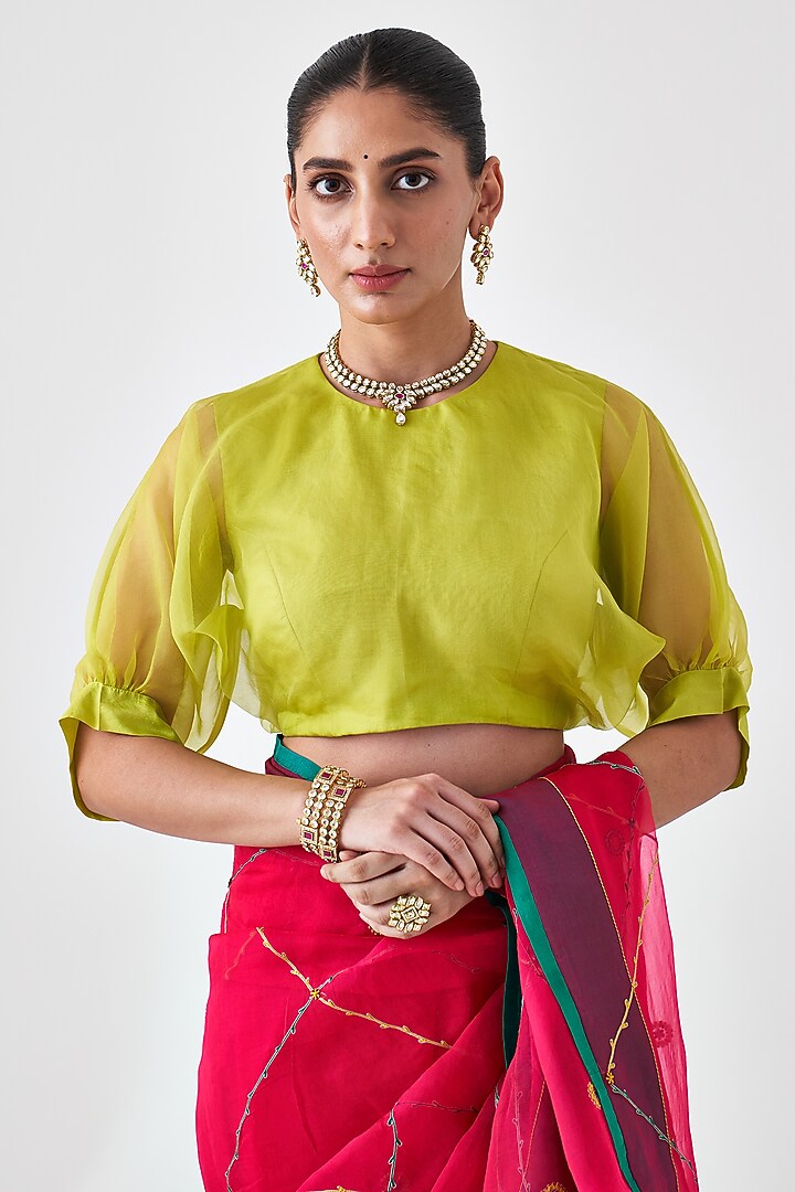 Lemon Green Organza Silk Blouse by JANKI INDIA at Pernia's Pop Up Shop