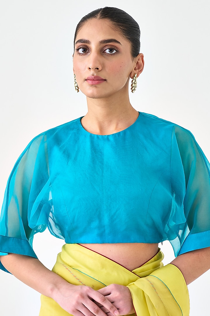 Turquoise Organza Silk Blouse by JANKI INDIA at Pernia's Pop Up Shop