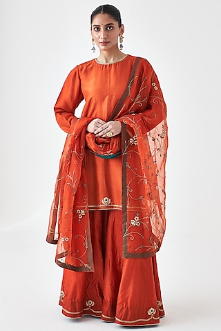 Rust Organza Jaal Embroidered Dupatta by JANKI INDIA