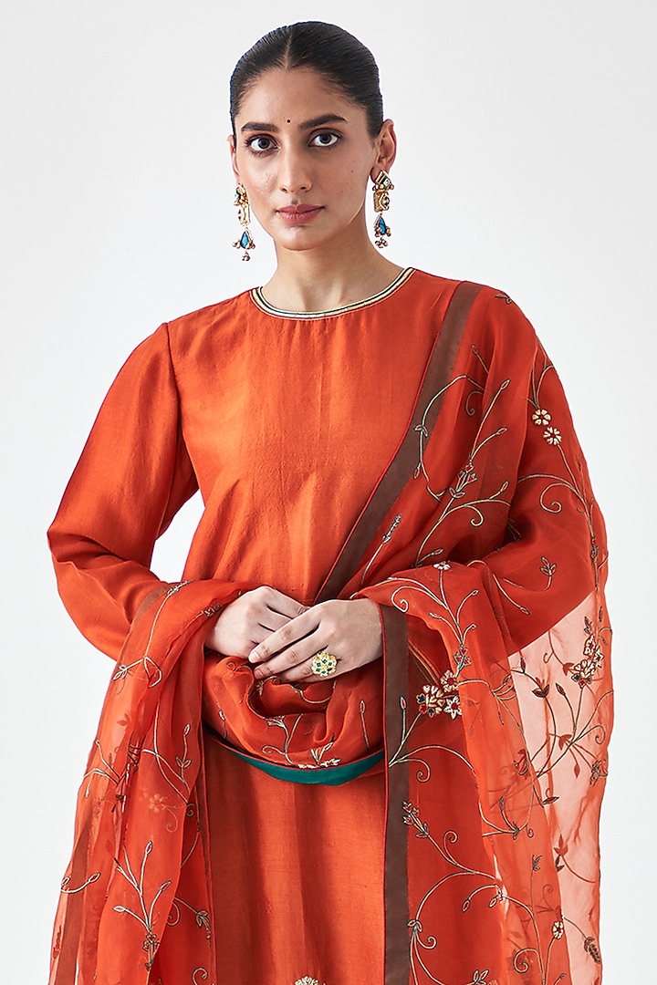 Rust Organza Jaal Embroidered Dupatta by JANKI INDIA at Pernia's Pop Up Shop