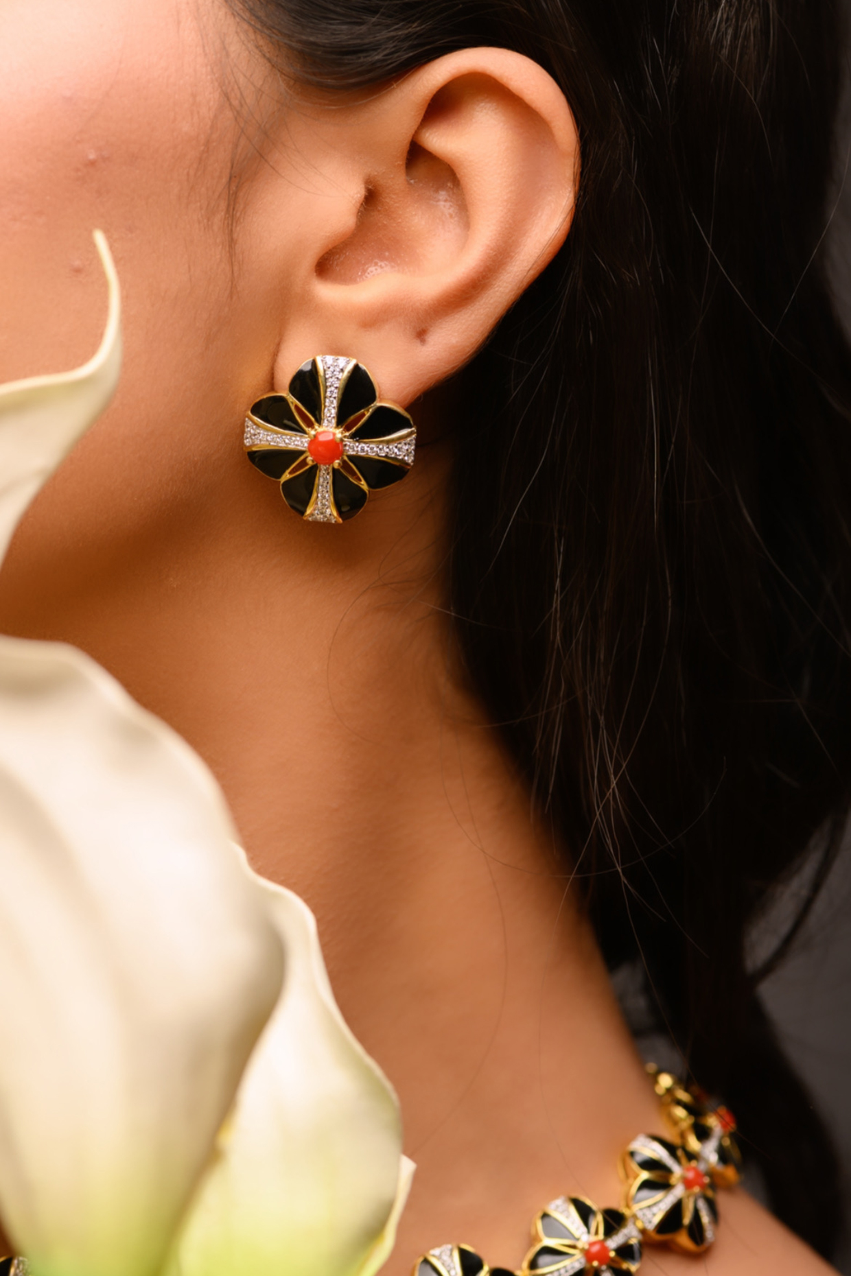 Gold Plated Zirconia Enameled Stud Earrings In Sterling Silver by Janvi Sachdeva Design at Pernia's Pop Up Shop