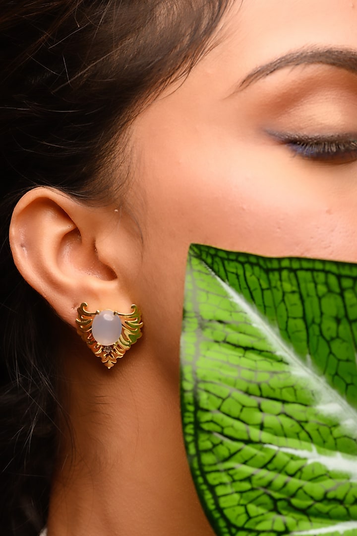 Gold Plated Chalcedony Stud Earrings In Sterling Silver by Janvi Sachdeva Design