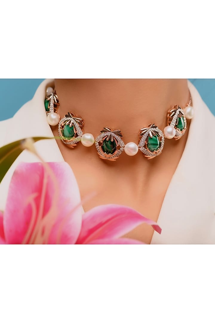 Rose Gold Finish Malachite & Zirconia Choker Necklace In Sterling Silver by Janvi Sachdeva Design at Pernia's Pop Up Shop