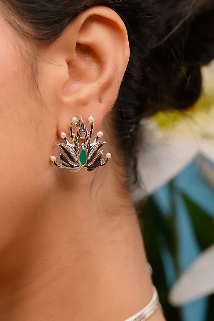 White Gold Finish Green Onyx & Pearl Stud Earrings In Sterling Silver by Janvi Sachdeva Design