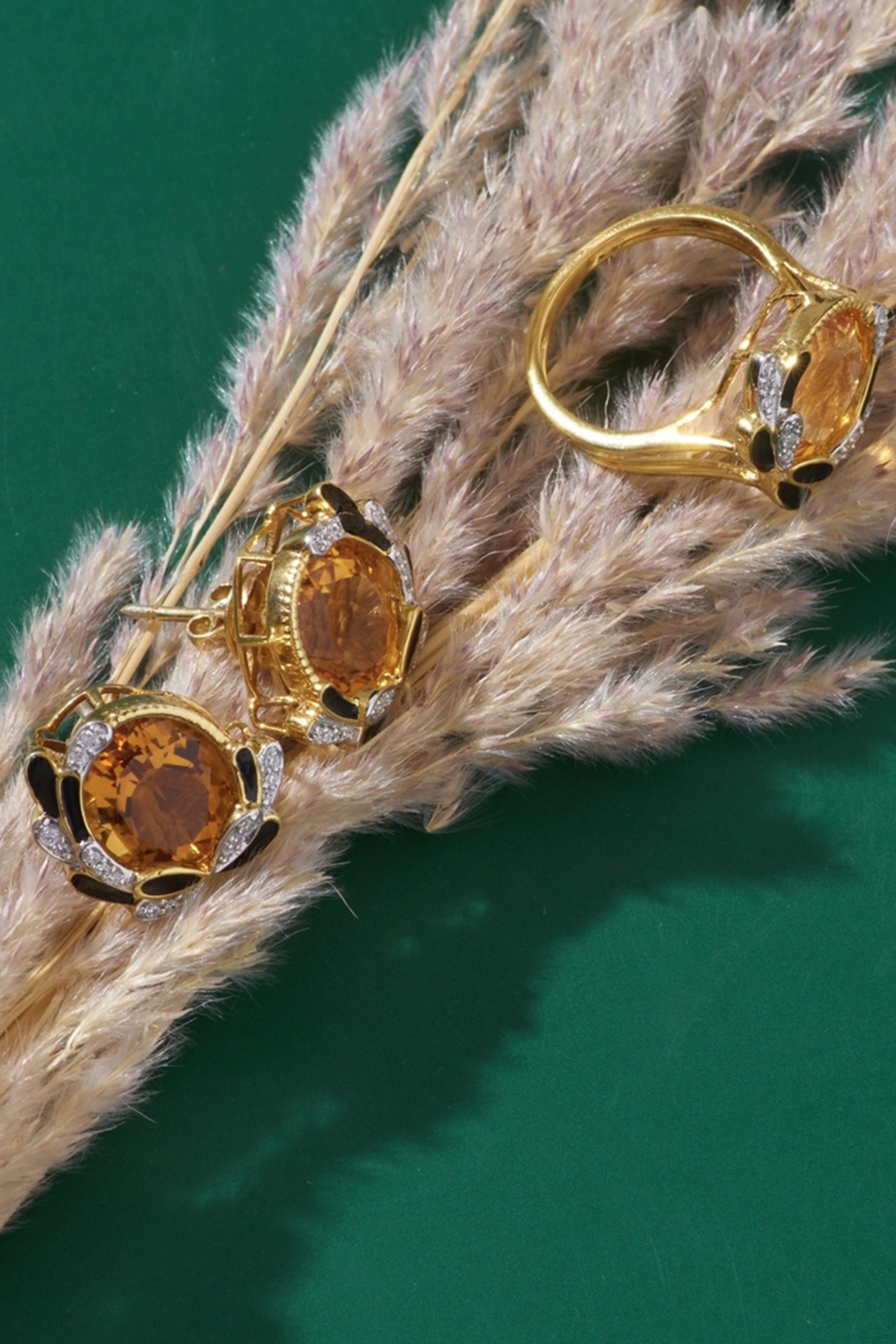 Gold Plated Citrine & Zirconia Stud Earrings In Sterling Silver by Janvi Sachdeva Design