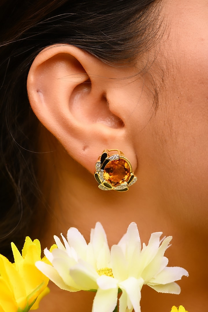 Gold Plated Citrine & Zirconia Stud Earrings In Sterling Silver by Janvi Sachdeva Design