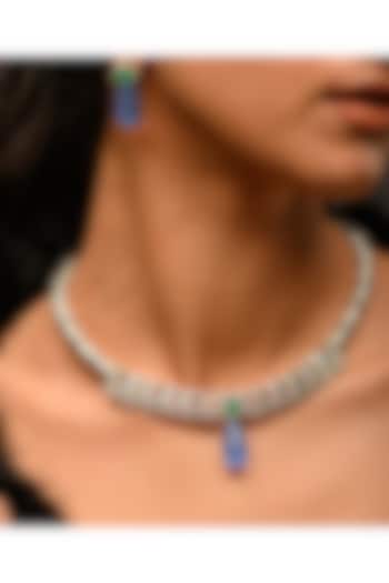 White Gold Finish Green Onyx & Zirconia Enameled Necklace In Sterling Silver by Janvi Sachdeva Design at Pernia's Pop Up Shop