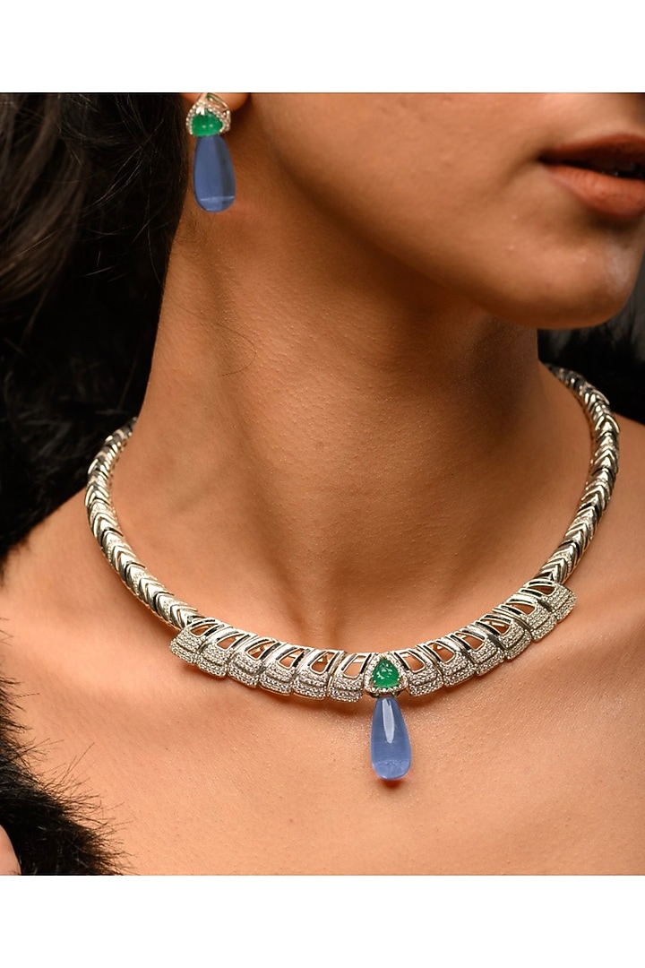 White Gold Finish Green Onyx & Zirconia Enameled Necklace In Sterling Silver by Janvi Sachdeva Design at Pernia's Pop Up Shop