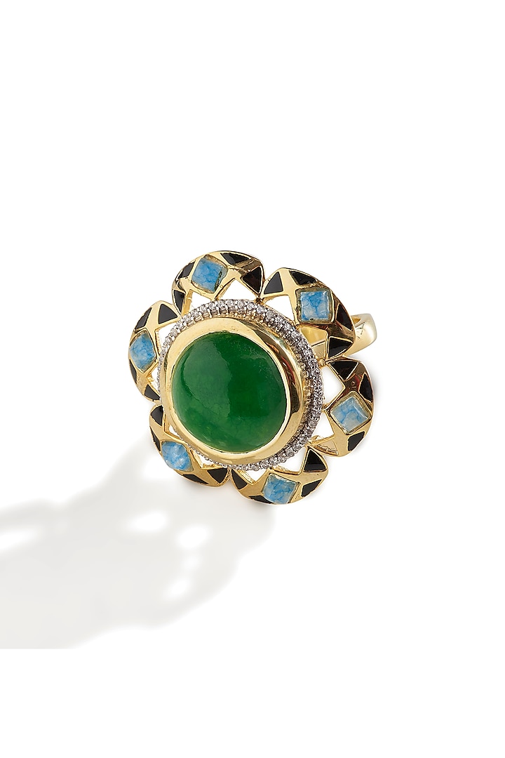 Gold Finish Green & Blue Gemstone Ring In Sterling Silver by Janvi Sachdeva Design at Pernia's Pop Up Shop