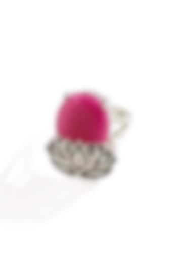 White Finish Pink Quartz & CZ Diamond Enameled Ring In Sterling Silver by Janvi Sachdeva Design at Pernia's Pop Up Shop