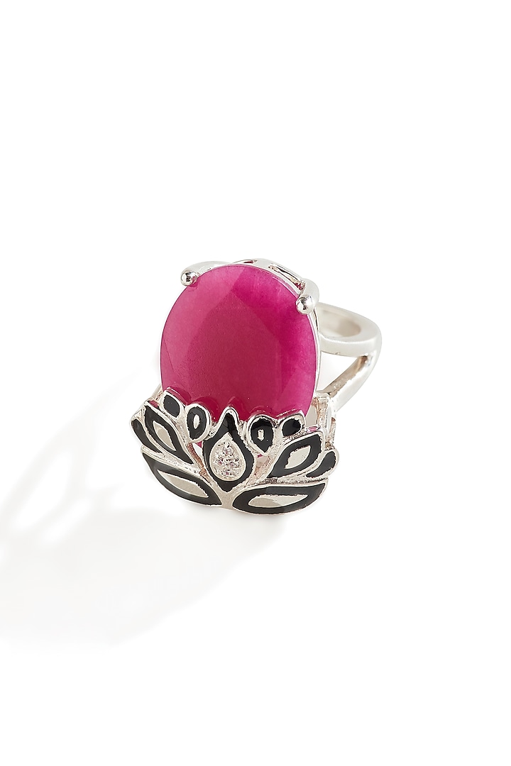 White Finish Pink Quartz & CZ Diamond Enameled Ring In Sterling Silver by Janvi Sachdeva Design at Pernia's Pop Up Shop