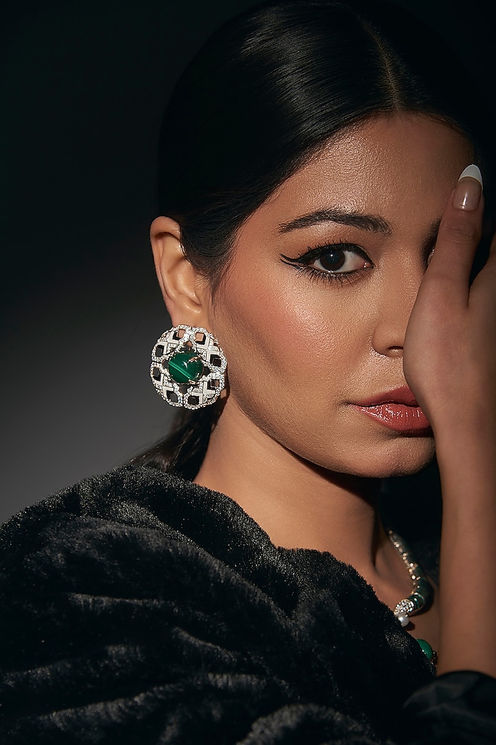 White Finish Malachite Stone & CZ Diamond Stud Earrings In Sterling Silver by Janvi Sachdeva Design