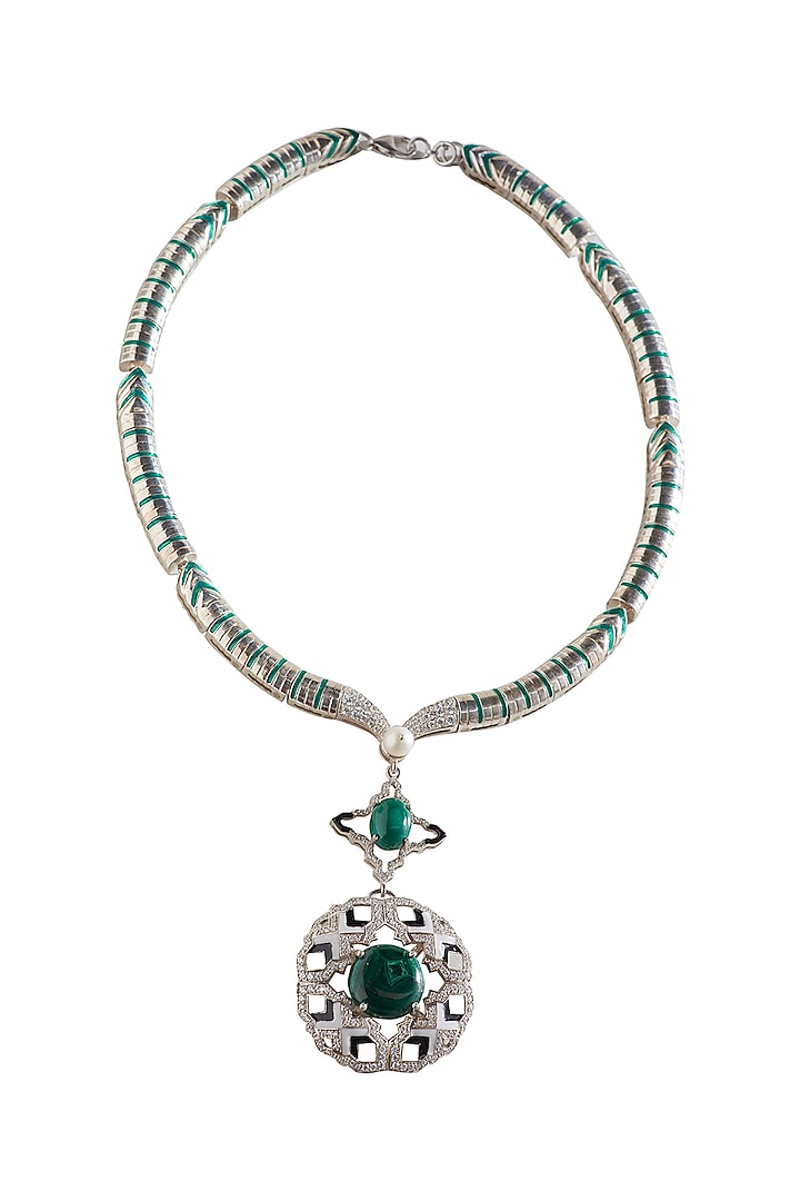 White Finish Malachite Stone & CZ Diamond Enameled Necklace In Sterling Silver by Janvi Sachdeva Design at Pernia's Pop Up Shop