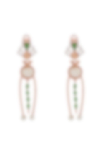 Rose Gold Finish Pearl & Green Stone Dangler Earrings In Sterling Silver by Janvi Sachdeva Design at Pernia's Pop Up Shop