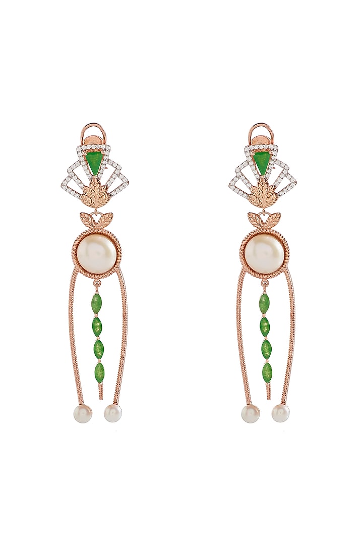 Rose Gold Finish Pearl & Green Stone Dangler Earrings In Sterling Silver by Janvi Sachdeva Design at Pernia's Pop Up Shop