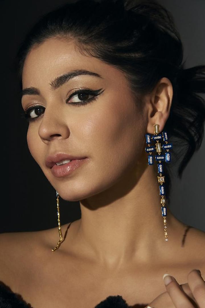 Gold Finish CZ Diamond Dark Blue Enameled Dangler Earrings In Sterling Silver by Janvi Sachdeva Design at Pernia's Pop Up Shop