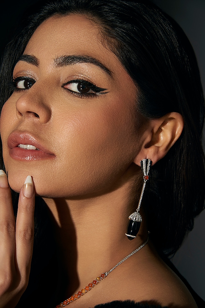 White Finish CZ Diamond Black Enameled Dangler Earrings In Sterling Silver by Janvi Sachdeva Design at Pernia's Pop Up Shop