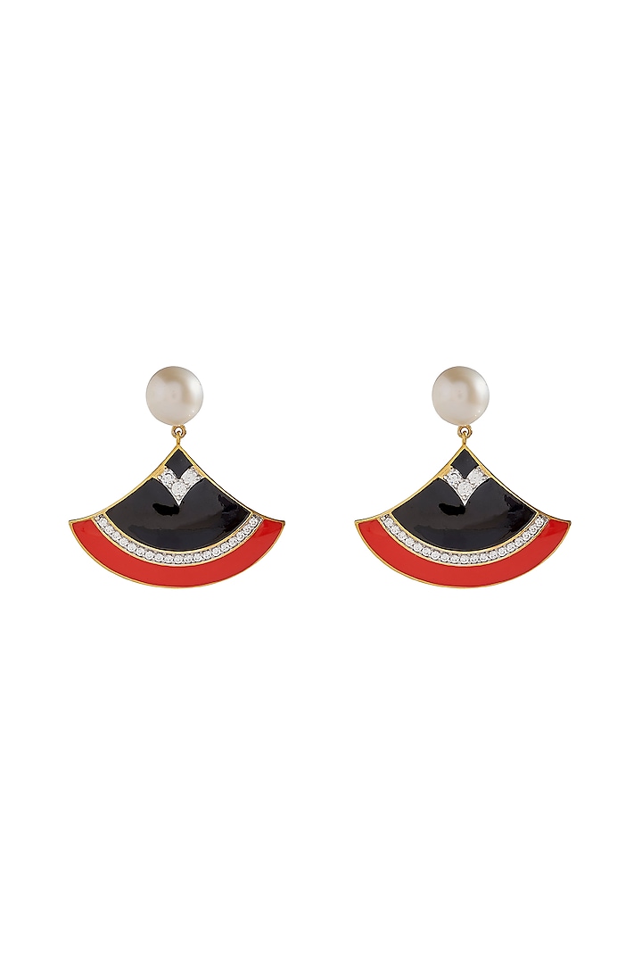 Two-tone CZ Diamond & Coral Beaded Enameled Dangler Earrings In Sterling Silver by Janvi Sachdeva Design at Pernia's Pop Up Shop