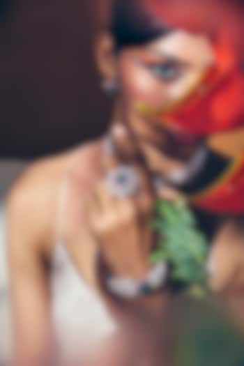 White Rhodium Finish Green Onyx & Rose Quartz Stone Floral Ring In Sterling Silver by Janvi Sachdeva Design at Pernia's Pop Up Shop