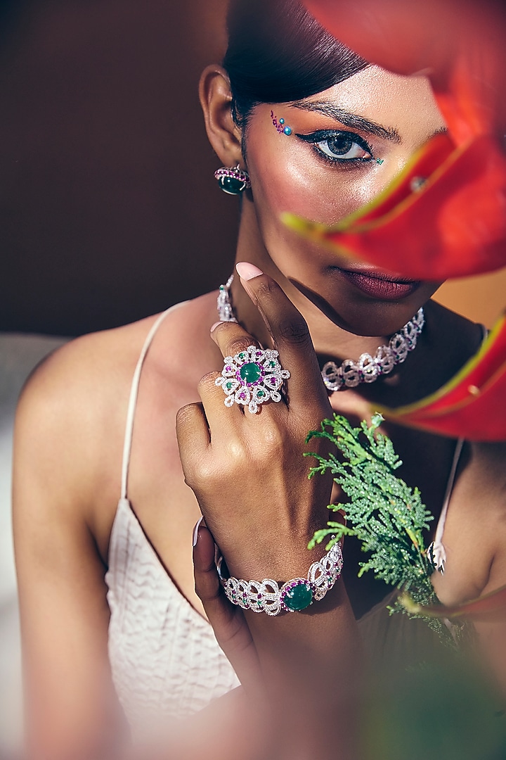 White Rhodium Finish Green Onyx & Rose Quartz Stone Floral Ring In Sterling Silver by Janvi Sachdeva Design at Pernia's Pop Up Shop