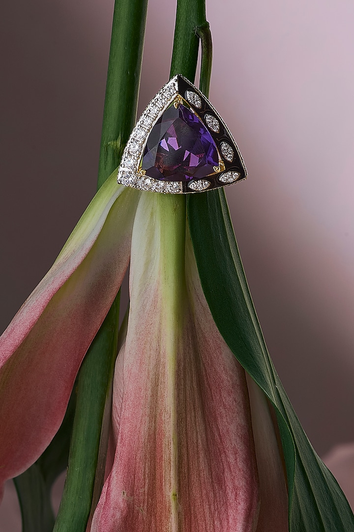 White Rhodium Finish Amethyst Stone Enameled Ring In Sterling Silver by Janvi Sachdeva Design at Pernia's Pop Up Shop