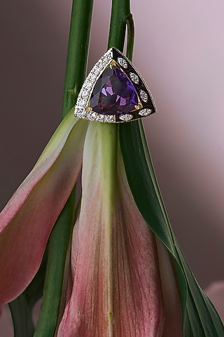 White Rhodium Finish Amethyst Stone Enameled Ring In Sterling Silver by Janvi Sachdeva Design