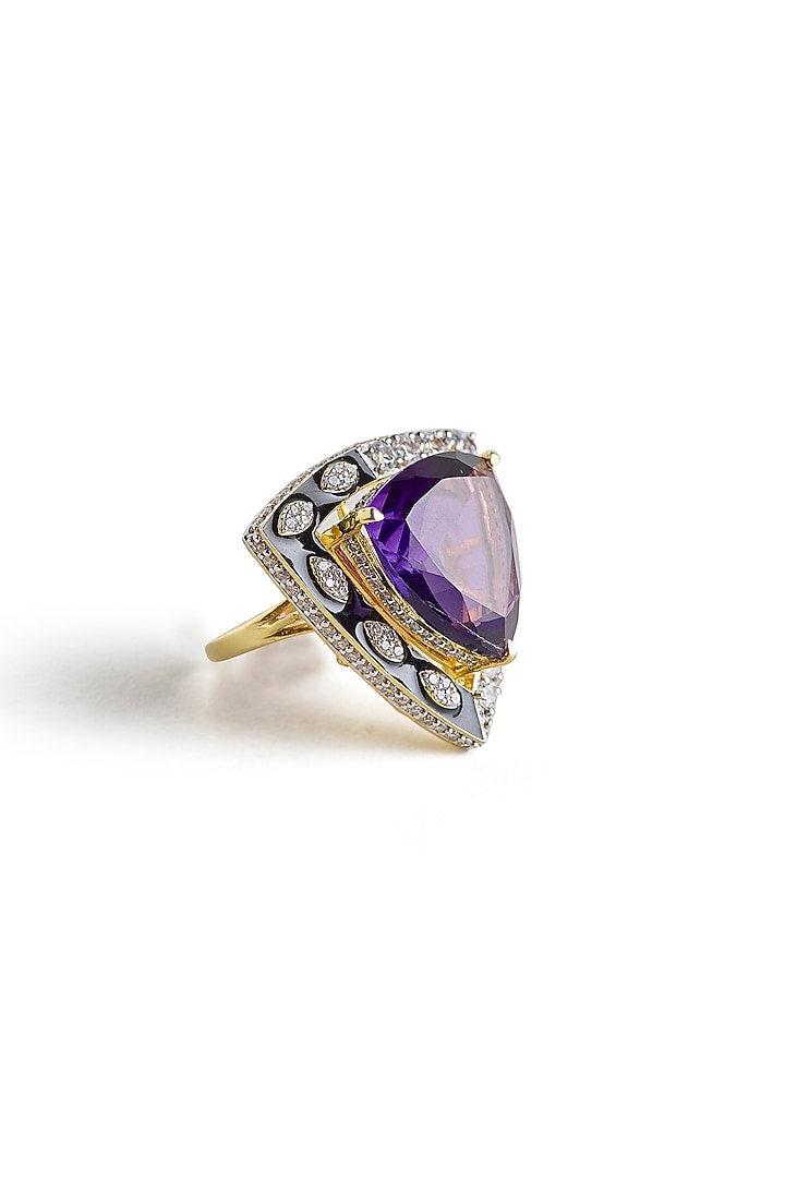 White Rhodium Finish Amethyst Stone Enameled Ring In Sterling Silver by Janvi Sachdeva Design at Pernia's Pop Up Shop