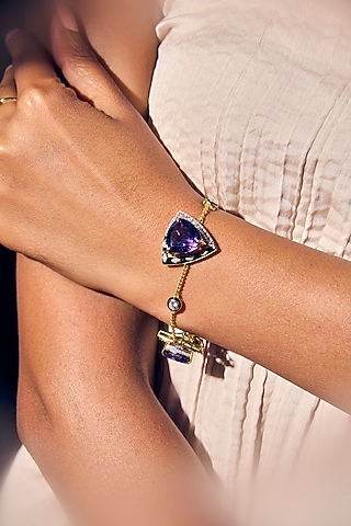 White Rhodium Finish Amethyst Stone Enameled Bracelet In Sterling Silver by Janvi Sachdeva Design