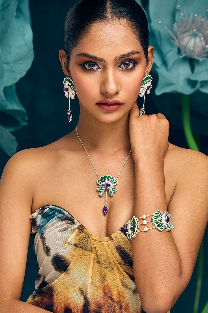 White Rhodium Finish Amethyst Stone & CZ Diamond Enameled Bracelet In Sterling Silver by Janvi Sachdeva Design at Pernia's Pop Up Shop