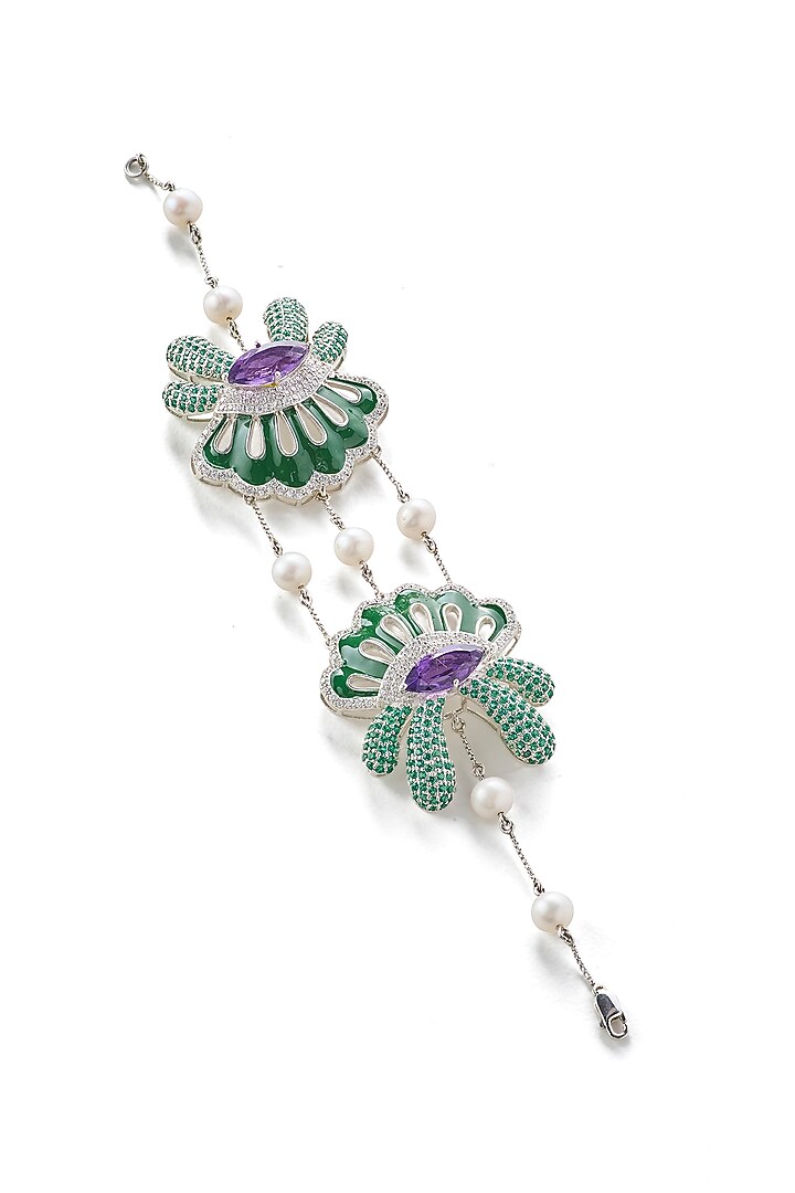 White Rhodium Finish Amethyst Stone & CZ Diamond Enameled Bracelet In Sterling Silver by Janvi Sachdeva Design at Pernia's Pop Up Shop