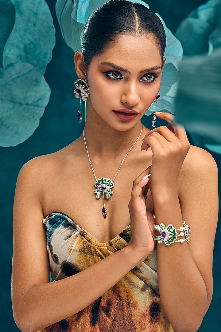 White Rhodium Finish Amethyst Stone & CZ Diamond Enameled Bracelet In Sterling Silver by Janvi Sachdeva Design at Pernia's Pop Up Shop