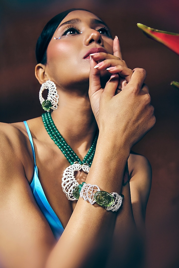 White Rhodium Finish Lemon Quartz Stone & CZ Diamond Bracelet In Sterling Silver by Janvi Sachdeva Design at Pernia's Pop Up Shop