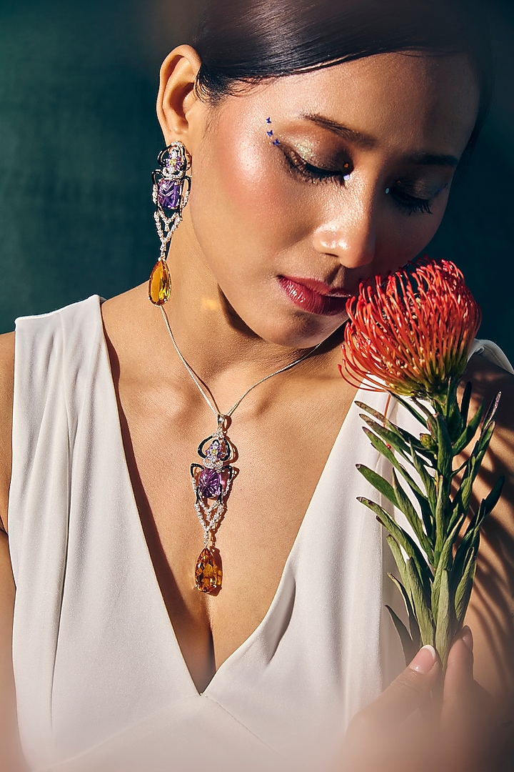 White Rhodium Finish Amethyst & Citrine Gemstone Pendant Necklace In Sterling Silver by Janvi Sachdeva Design at Pernia's Pop Up Shop