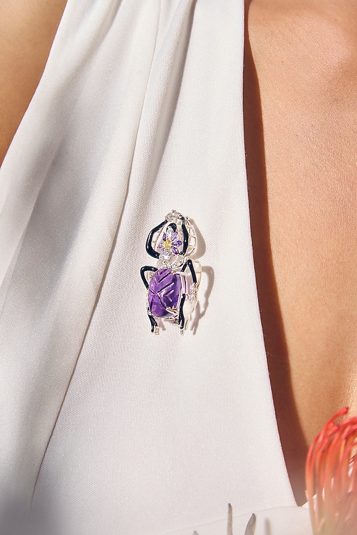 White Rhodium Finish Amethyst & Citrine Gemstone Enameled Brooch In Sterling Silver by Janvi Sachdeva Design at Pernia's Pop Up Shop