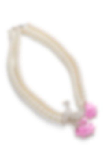 White Rhodium Finish Pearl & Cubic Zirconia Necklace Set In Sterling Silver by Janvi Sachdeva Design at Pernia's Pop Up Shop