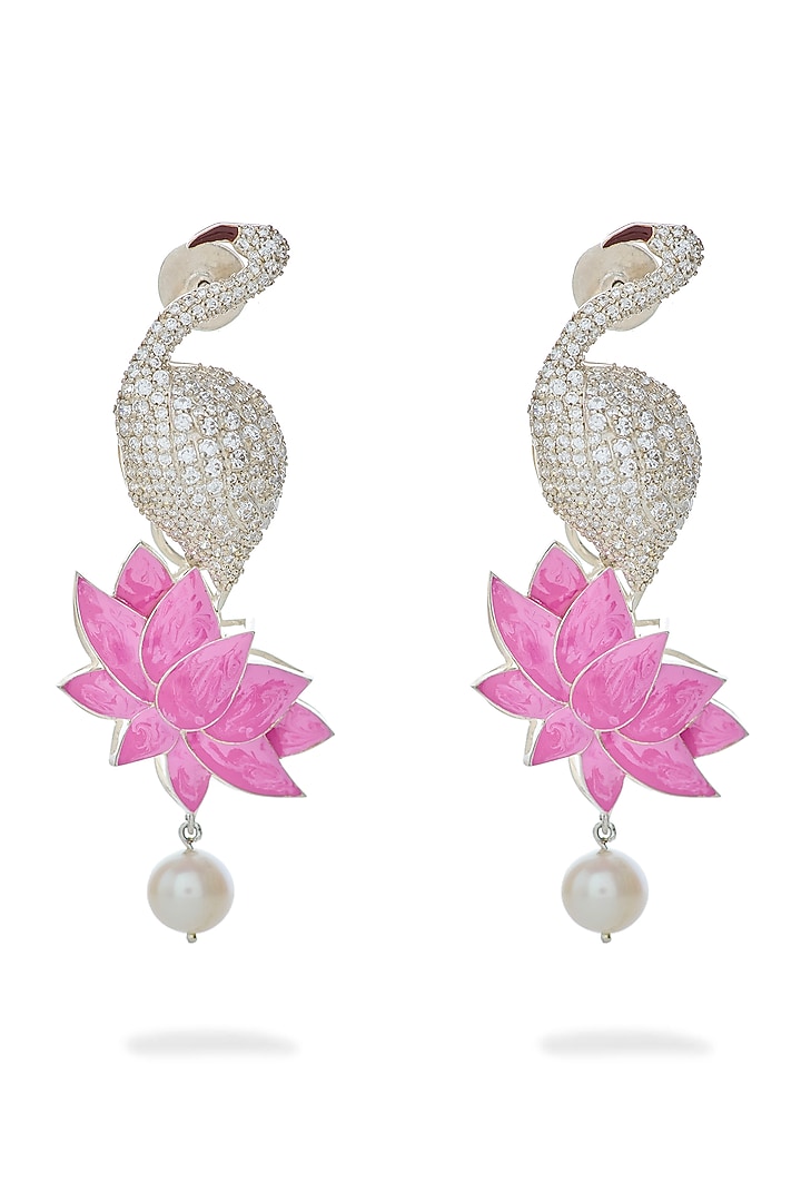 White Rhodium Finish Pearl & Cubic Zirconia Earrings In Sterling Silver by Janvi Sachdeva Design at Pernia's Pop Up Shop