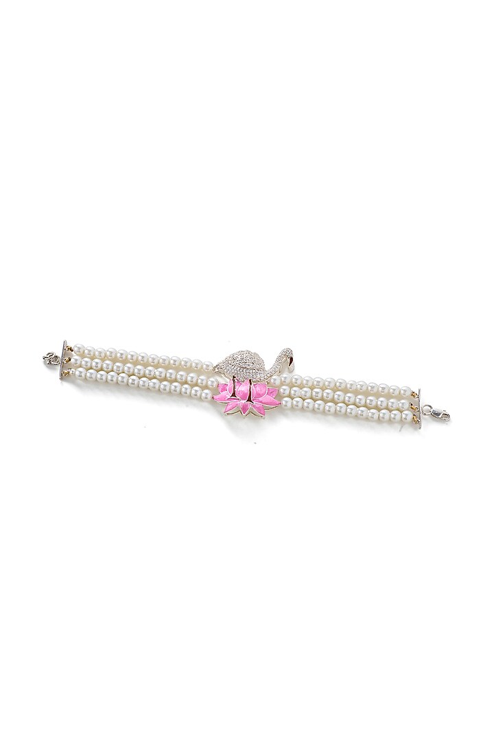 White Rhodium Finish Pearl & Cubic Zirconia Enameled Adjustable Bracelet In Sterling Silver by Janvi Sachdeva Design at Pernia's Pop Up Shop