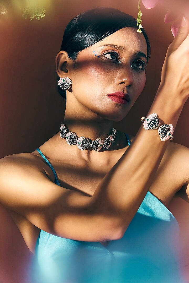 White Rhodium Finish Green Onyx & Rose Quartz Enameled Choker Necklace In Sterling Silver by Janvi Sachdeva Design at Pernia's Pop Up Shop