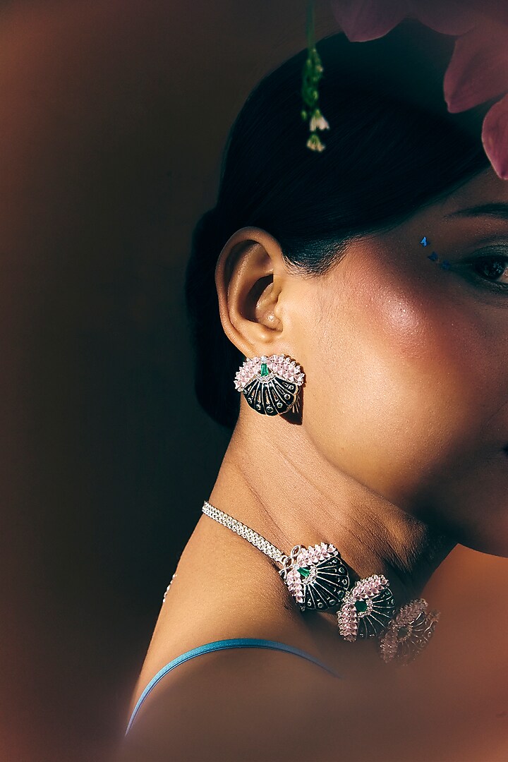 White Rhodium Finish Green Onyx & Rose Quartz Enameled Stud Earrings In Sterling Silver by Janvi Sachdeva Design at Pernia's Pop Up Shop