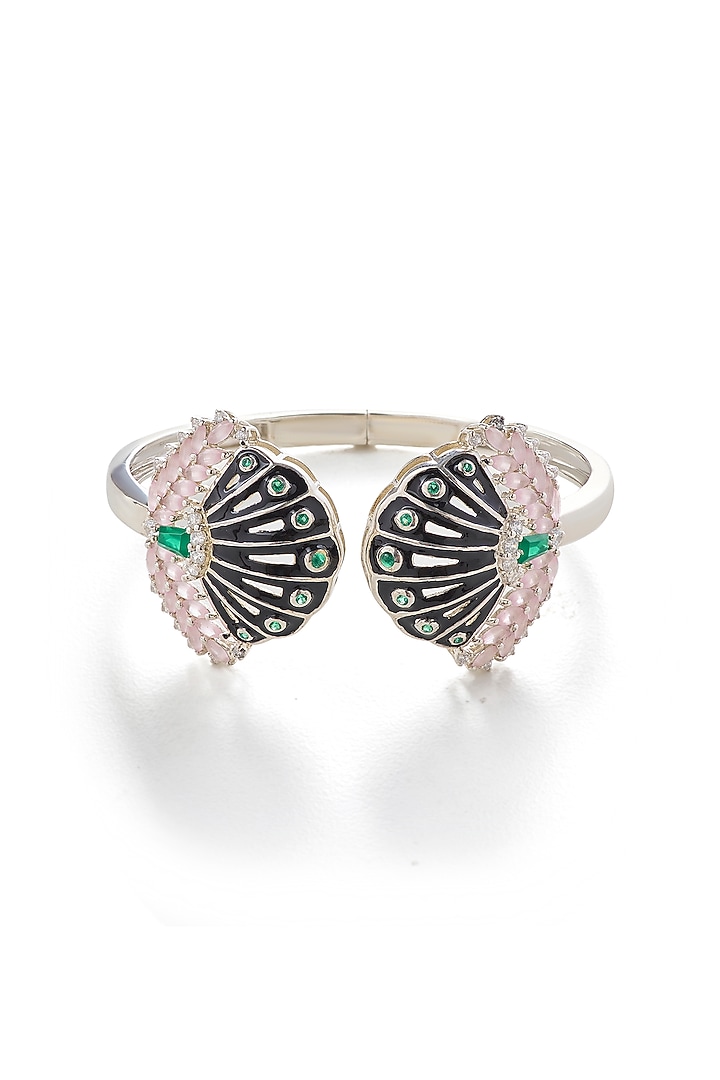 White Rhodium Finish Green Onyx & Rose Quartz Enameled Adjustable Bracelet In Sterling Silver by Janvi Sachdeva Design at Pernia's Pop Up Shop