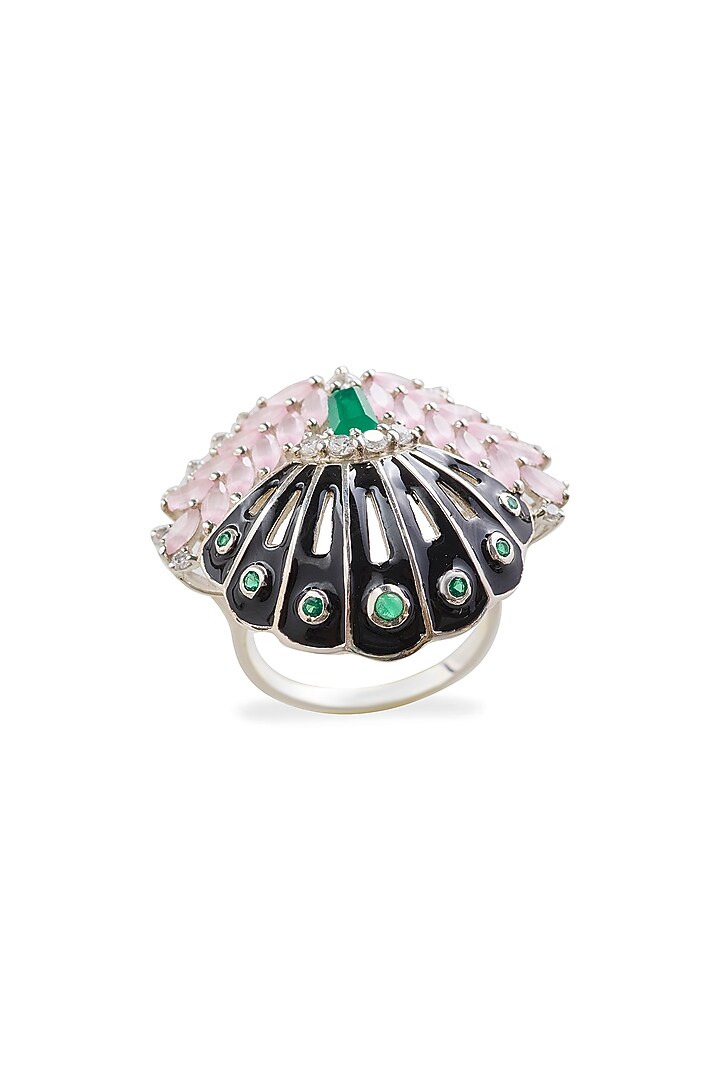 White Rhodium Finish Green Onyx & Rose Quartz Enameled Ring In Sterling Silver by Janvi Sachdeva Design at Pernia's Pop Up Shop
