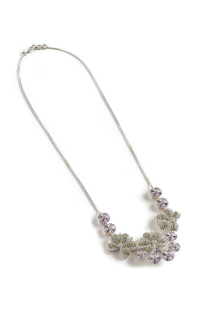 White Rhodium Finish Amethyst & Green Quartz Gemstone Necklace In Sterling Silver by Janvi Sachdeva Design at Pernia's Pop Up Shop