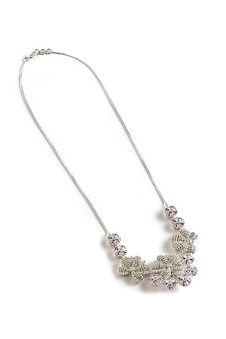 White Rhodium Finish Amethyst & Green Quartz Gemstone Necklace In Sterling Silver by Janvi Sachdeva Design