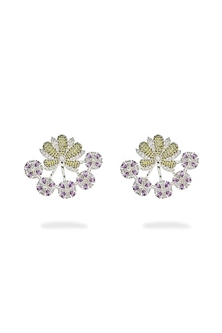 White Rhodium Finish Amethyst & Green Quartz Gemstone Earrings In Sterling Silver by Janvi Sachdeva Design