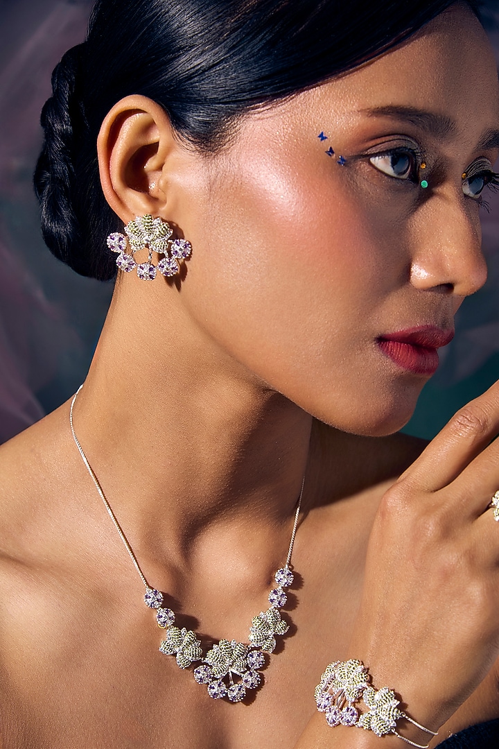 White Rhodium Finish Amethyst & Green Quartz Gemstone Earrings In Sterling Silver by Janvi Sachdeva Design at Pernia's Pop Up Shop